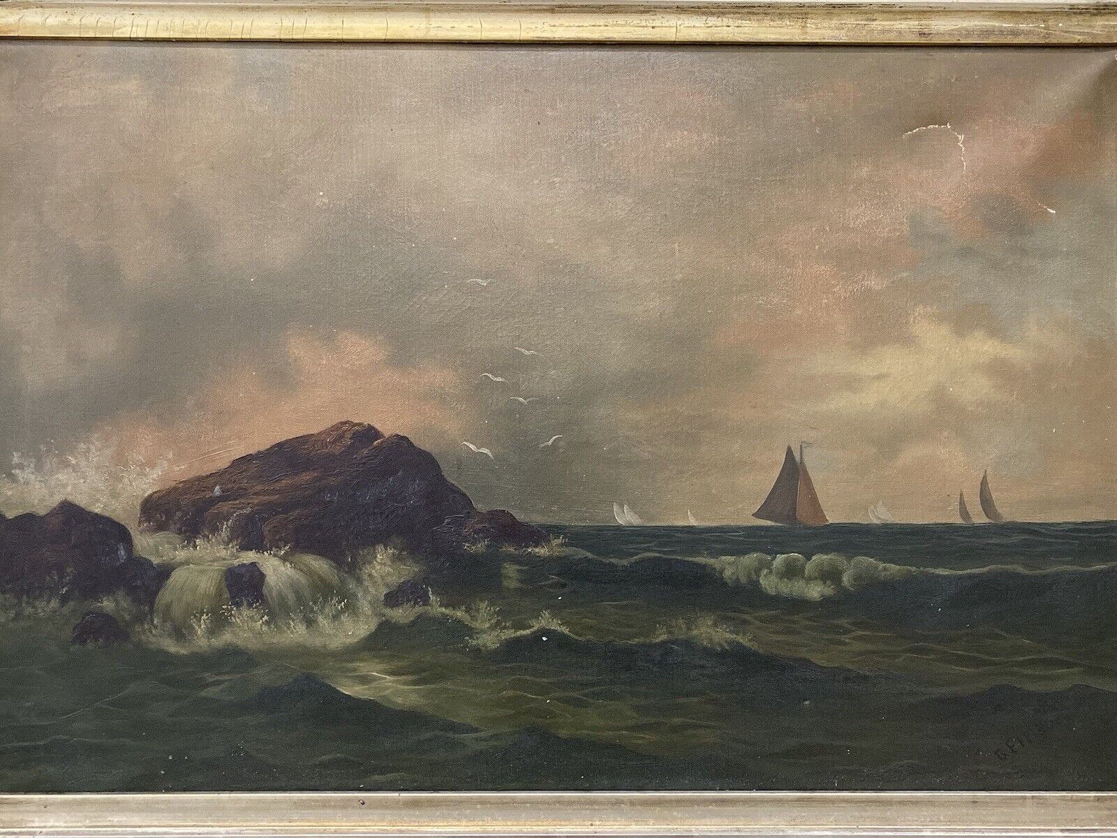 🔥 Antique Old 19th American Folk Art Great Lake Erie Ohio Seascape Oil Painting