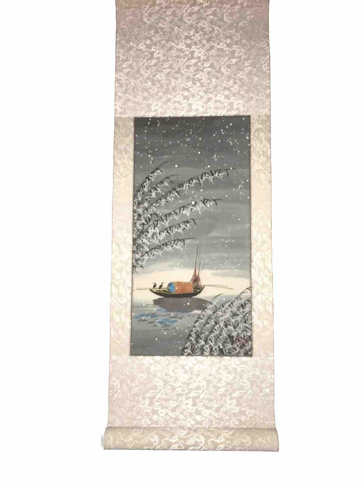 Vtg Japanese BIRD WATERCOLOR SNOW SEASCAPE BOAT PAINTING SIGNED Scroll Wall Art