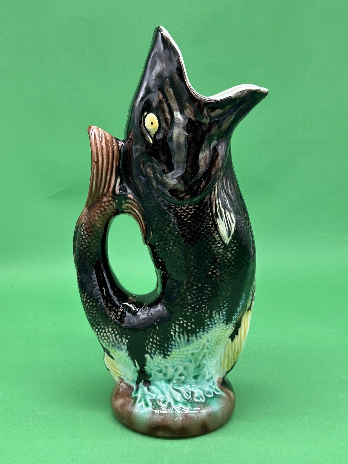 Sarreguemines Majolica Gurgling Fish Pitcher, c.1890, 10.5” *Very Rare*