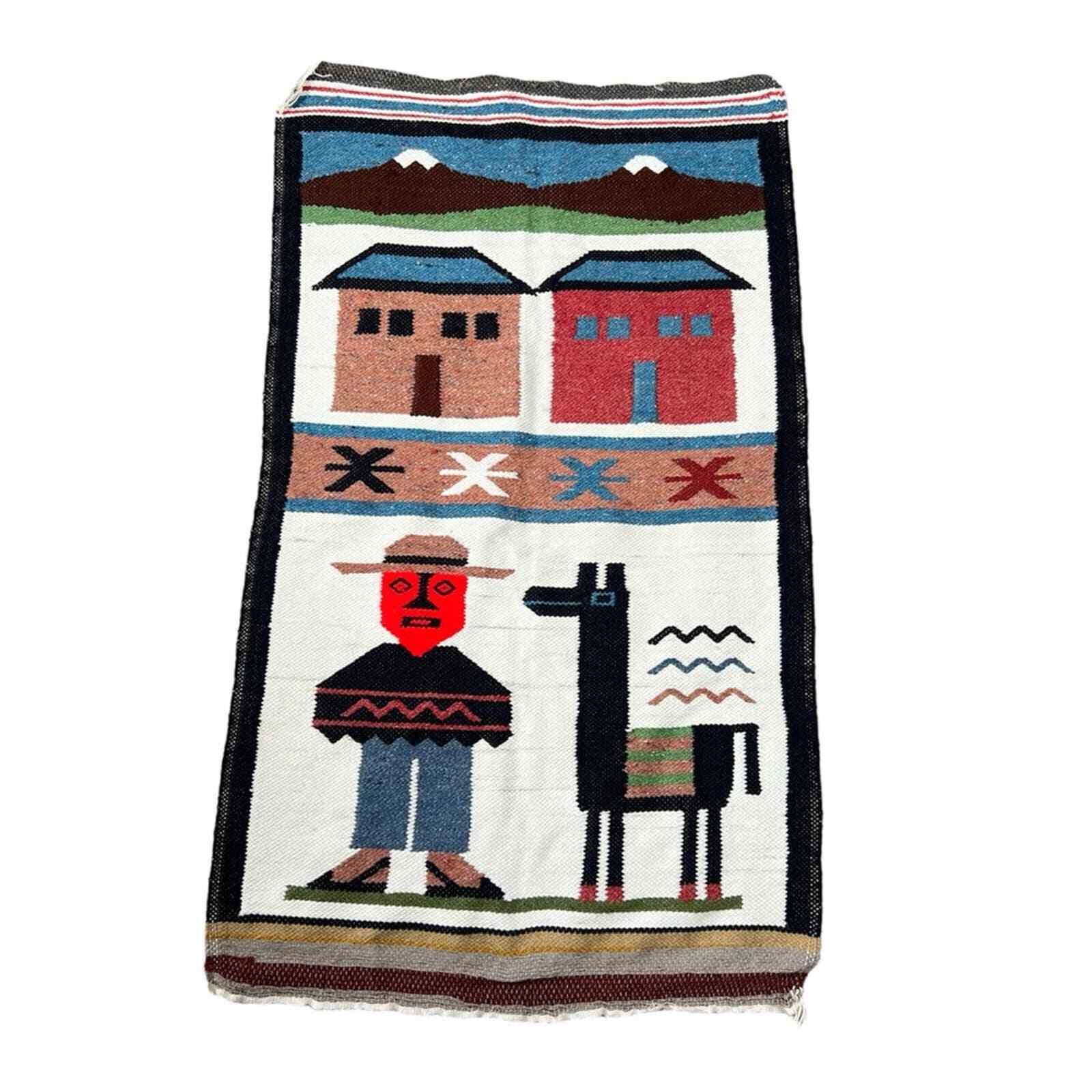 Vintage Peruvian Weave Hook Rug Tapestry South American Alpaca Andes Farmer