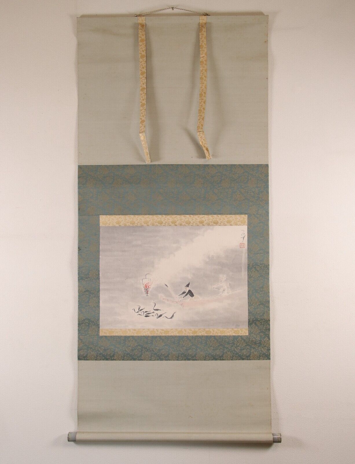 Japanese Hanging Scroll Hand Painted 'Cormorant Fishing' KAKEJIKU By 酒井三良