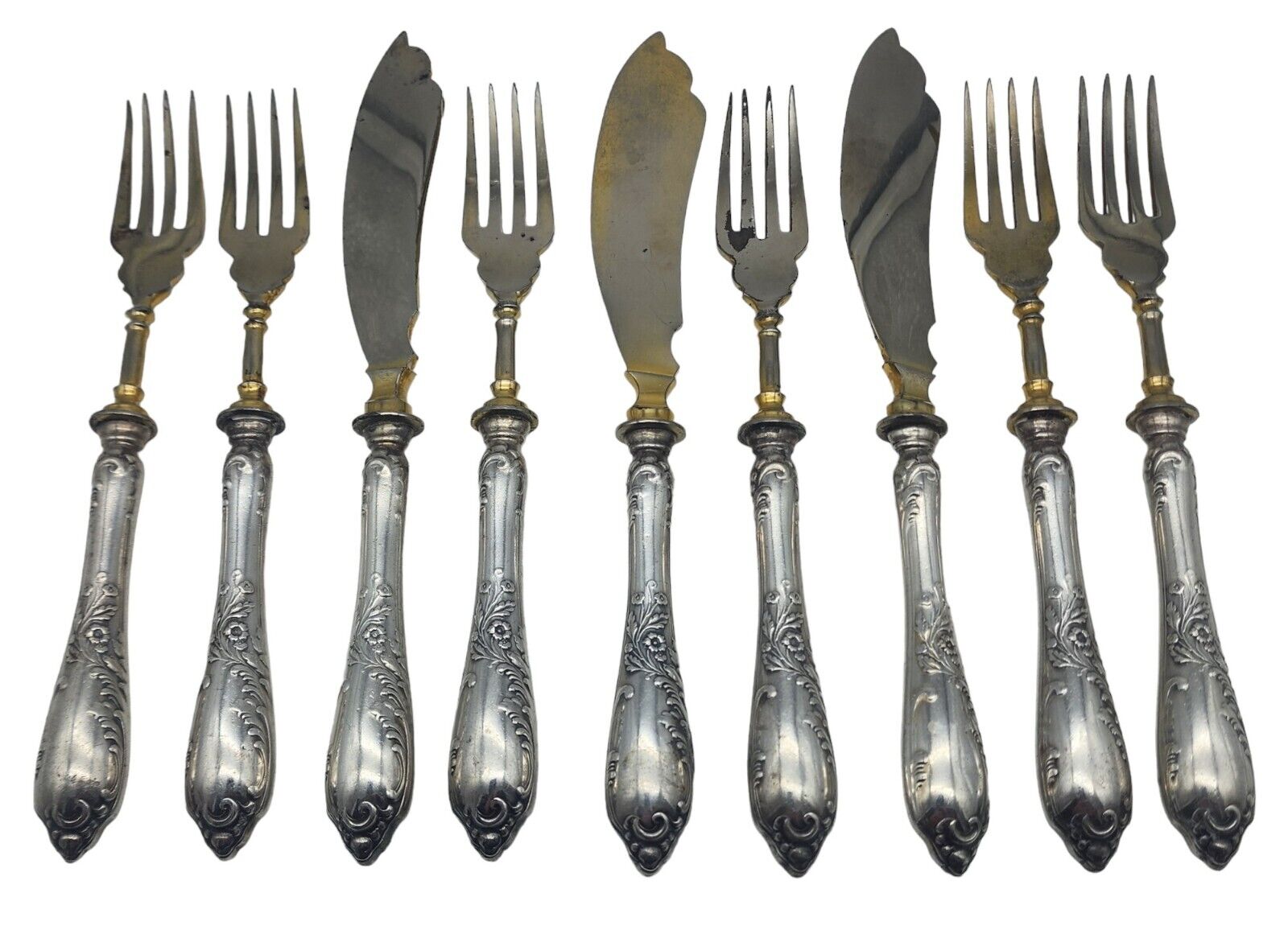 ANTIQUE Sterling Silver Handled Fish Forks & Knives Set NO MONOGRAM