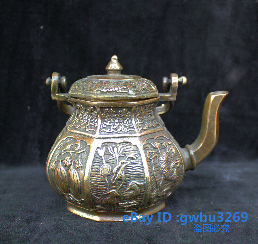 Collect Feng Shui Chinese Bronze Hand Carved Fish and flowers Teapot  43280