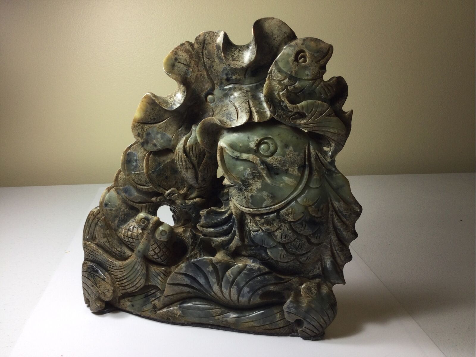 11.6” China Natural Old Xiu Jade Carving Feng Shui Lotus Flower Fish Sculpture