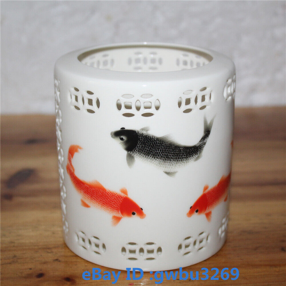 Chinese Jingdezhen Porcelain handwork Fish Brush Pot hollow Pen holder 22663