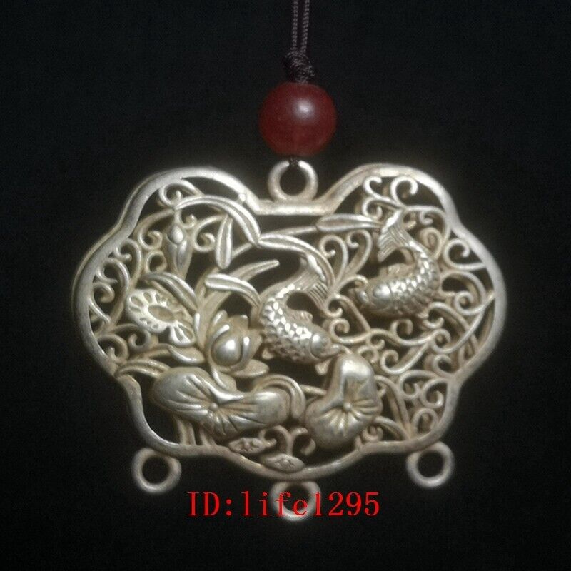 1.8 inch Old Chinese Tibet Silver Carving Fish lotus Flower Pendant Collection