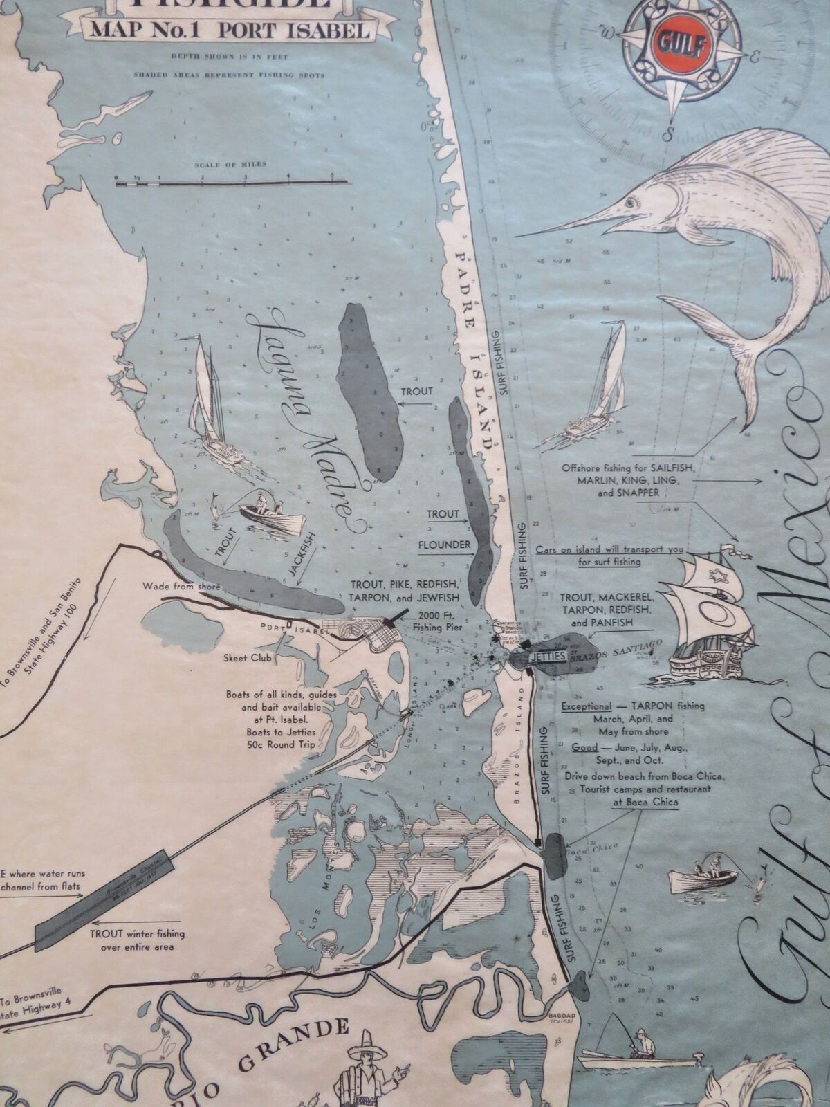 Port Isabel Texas Rio Grande Gulf of Mexico 1940's U.S. cartoon fishing map