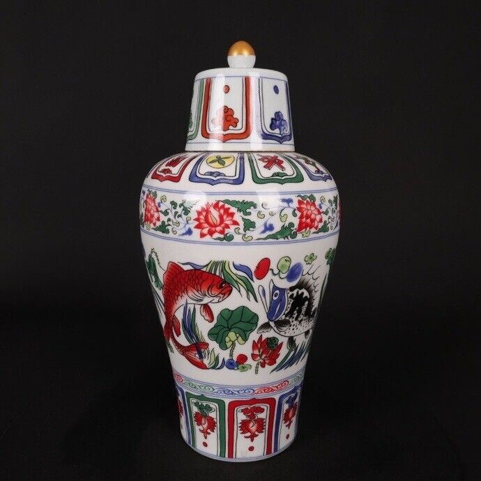 11.3\'\' Chinese Ancient Wucai Porcelain Fish Lotus Pattern Plum Vase Bottle