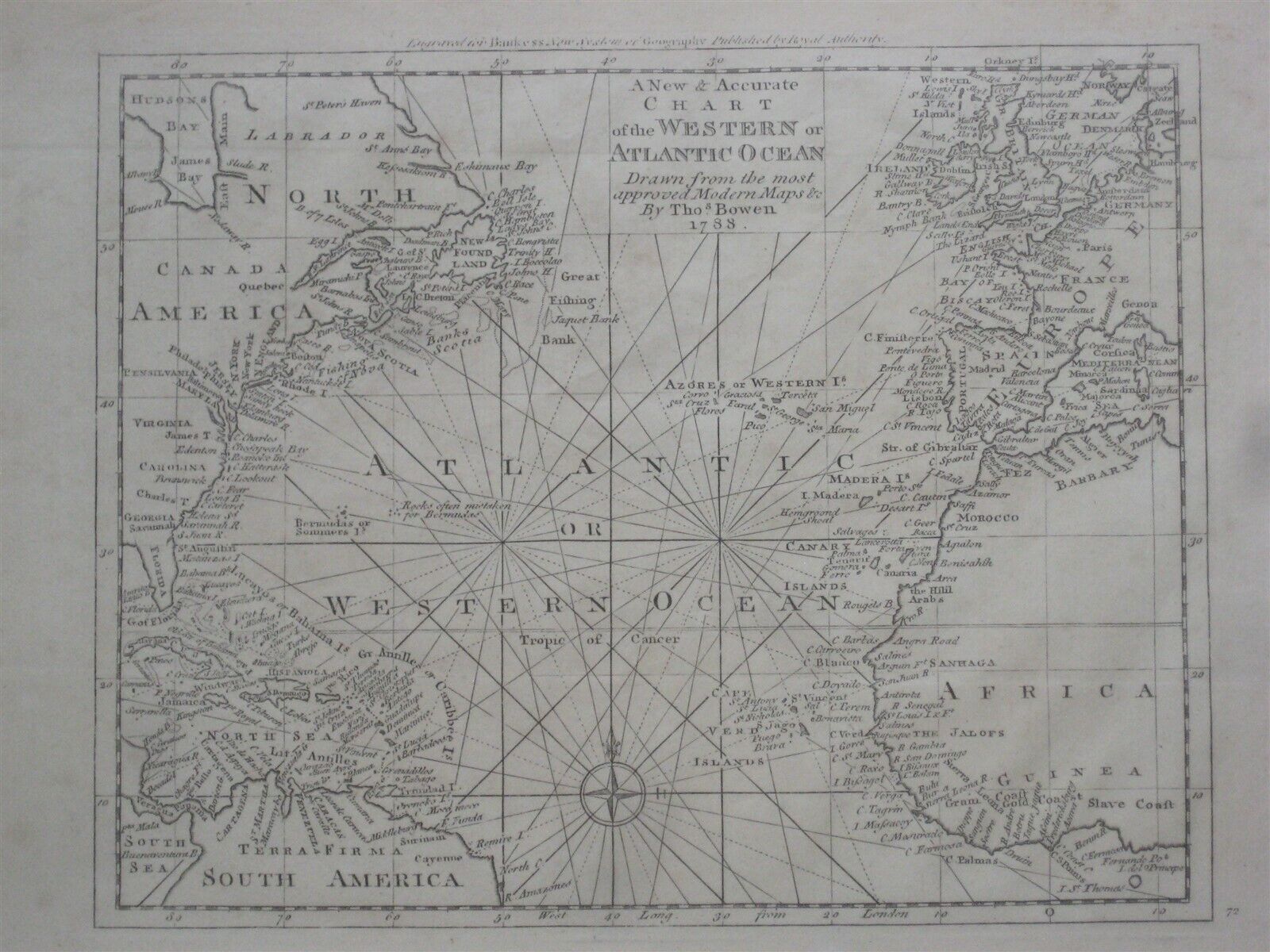 Original 1788 Bowen Map ATLANTIC OCEAN Fishing Banks Florida Bermuda Azores Cuba