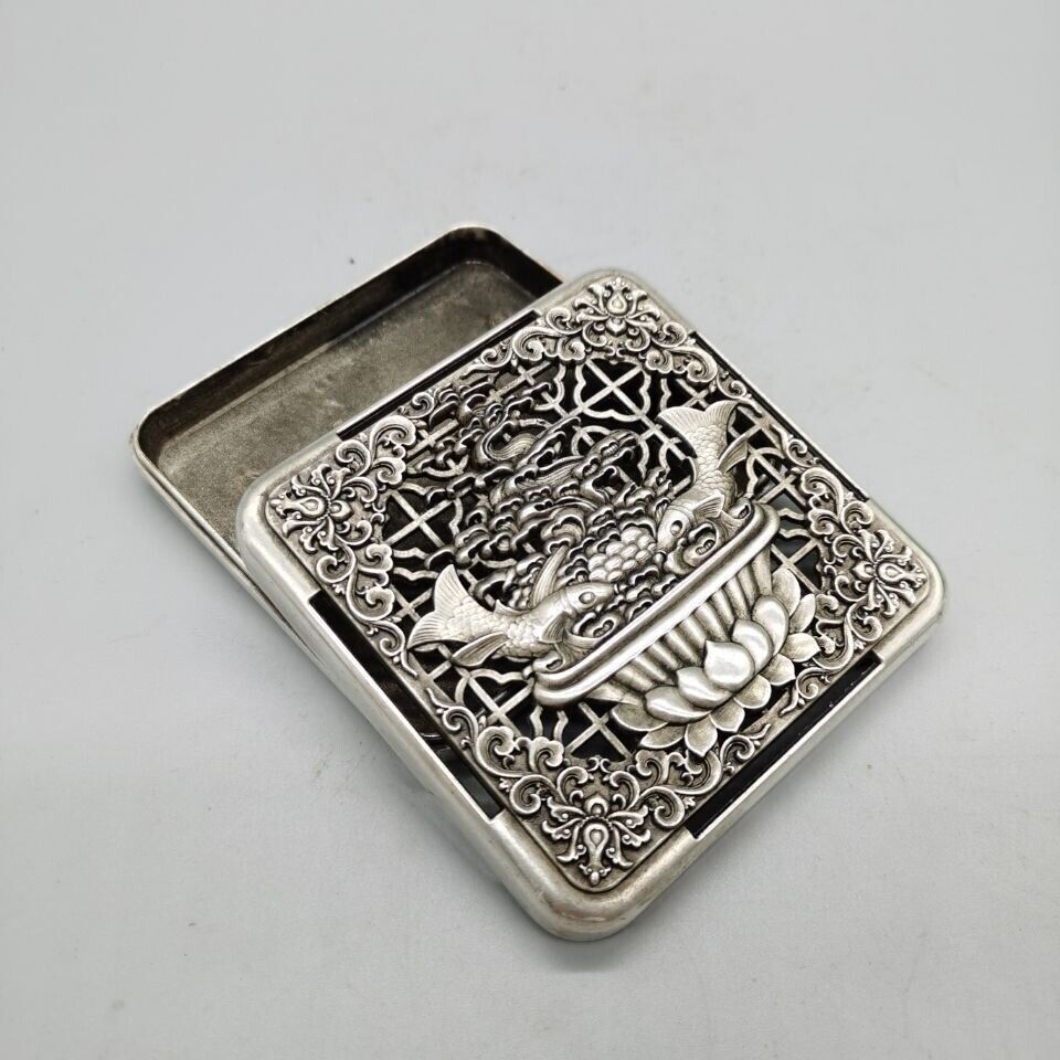 Asian miao silver copper fish inkstone box pen wash pot Treasures ink pad box