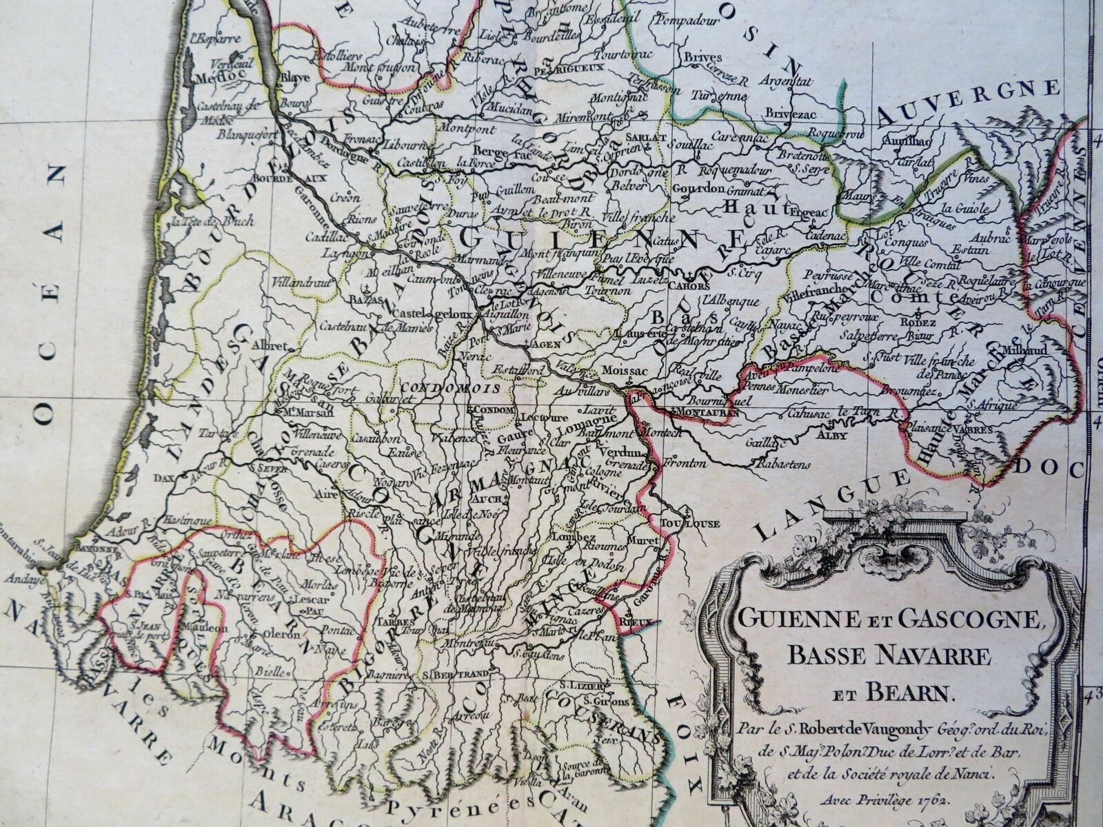 Gascony Lower Navarre Bearne Bordeaux France 1762 Vaugondy decorative map