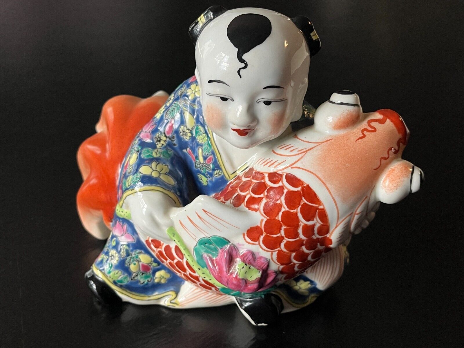Vintage Chinese Porcelain Figurine of a Woman Holding Giant Koi Carp Fish RARE