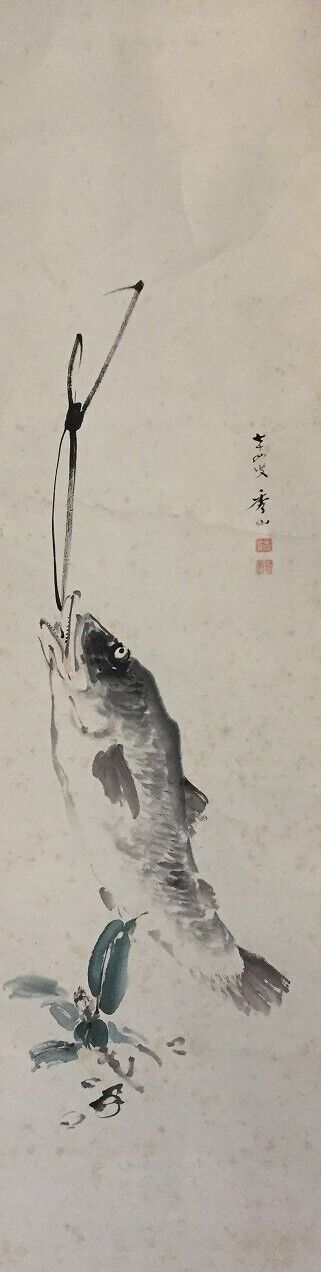 U1111 Japanese Vintage Hanging Scroll KAKEJIKU Hand Paint Paper Fish Leaf