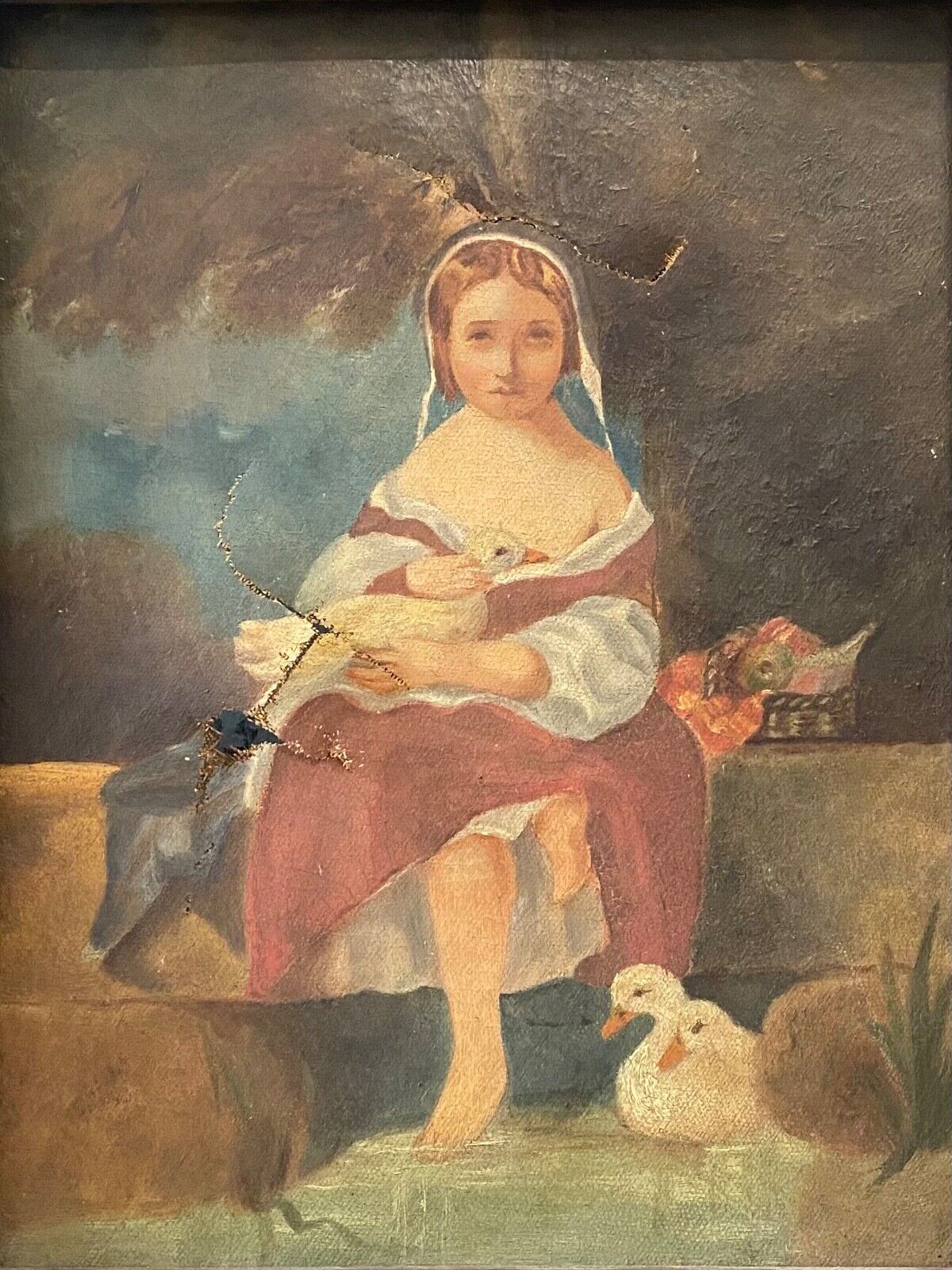 🔥 Fine Antique Old 18th c. American Folk Art Girl & Ducks Portrait Oil Painting