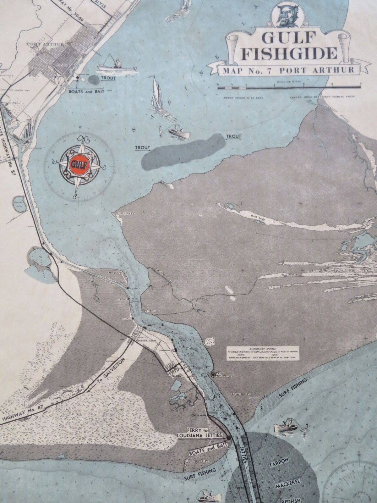 Port Arthur Texas Gulf of Mexico Mackerel Trout 1940's U.S. cartoon fishing map