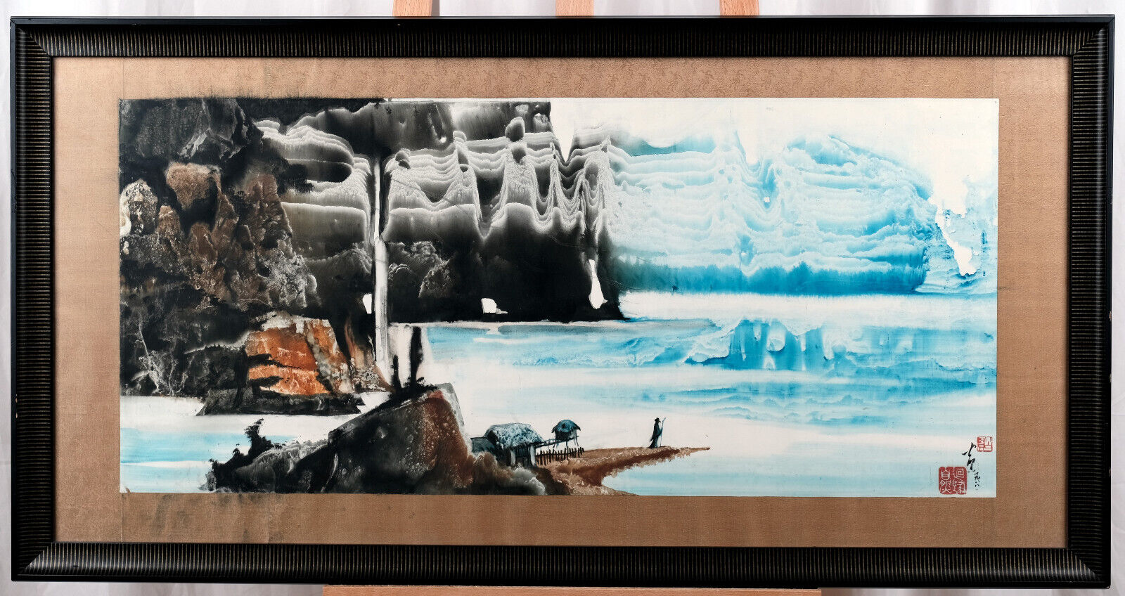 Chinese Glacier Lake Fisherman Hand Signed Original Framed Watercolor Painting