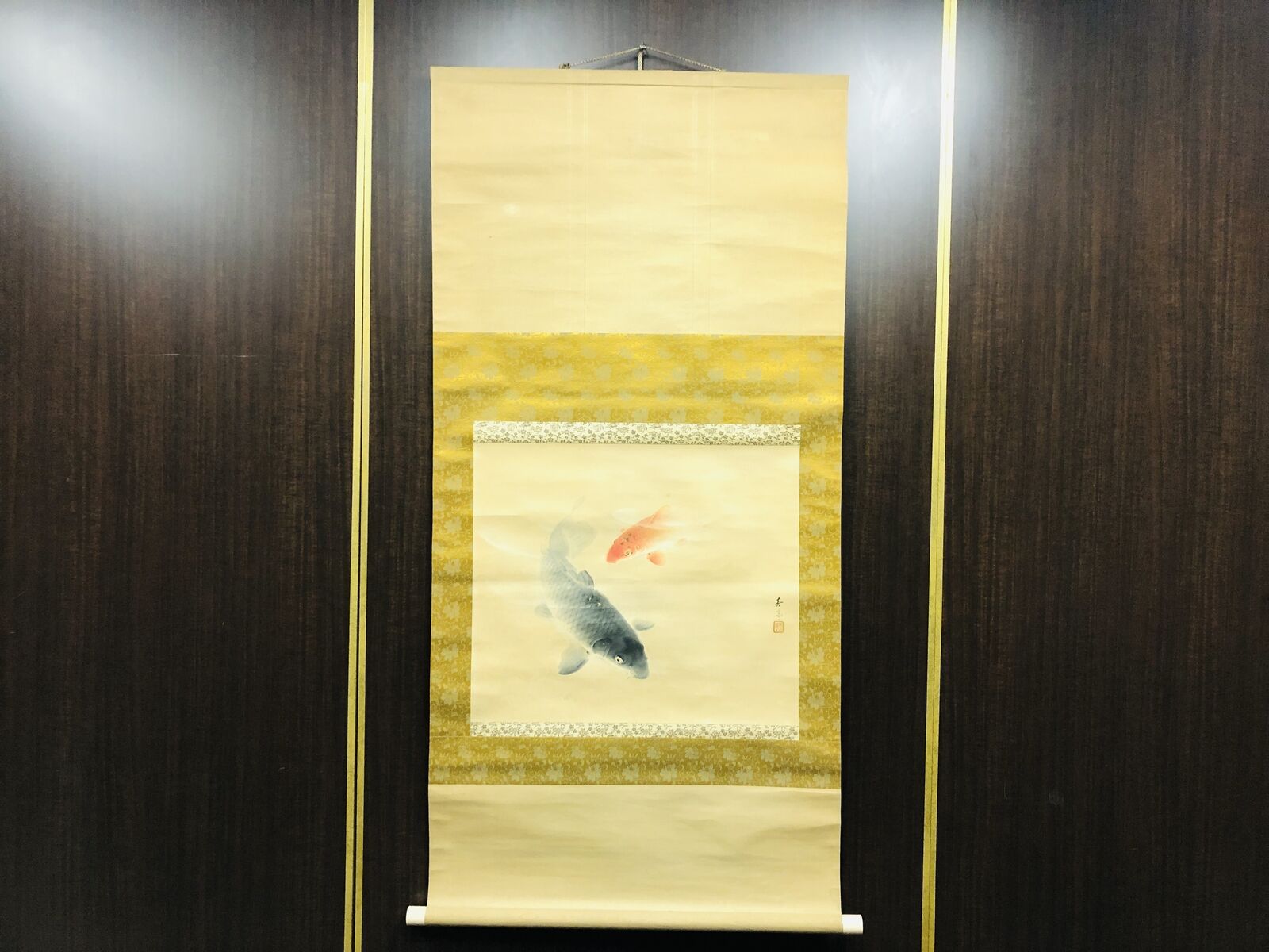 Y6471 KAKEJIKU Koi fish carp signed Japan antique hanging scroll decor interior
