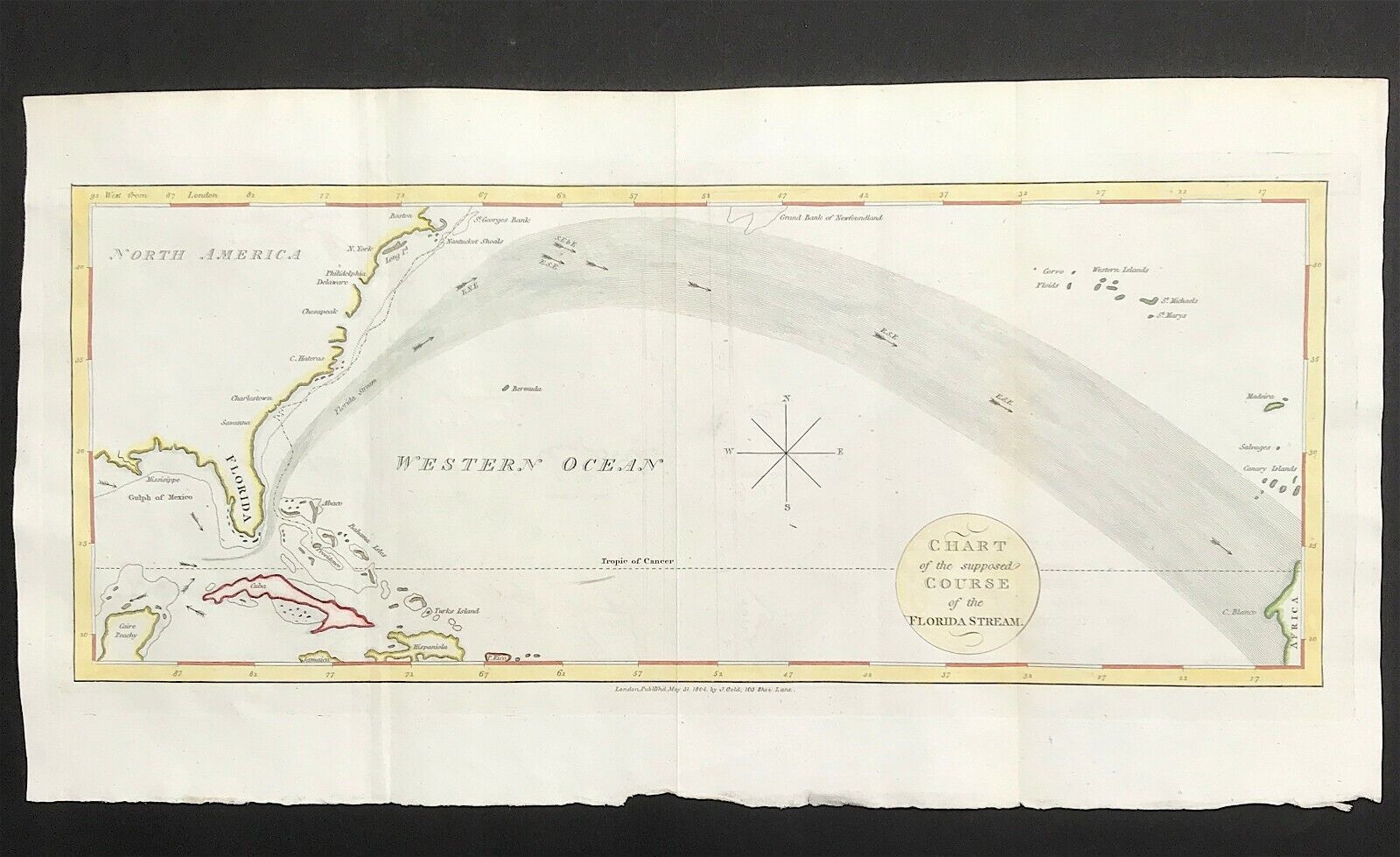Gulf Stream Florida coast map c1804 original Chart of the supposed Course