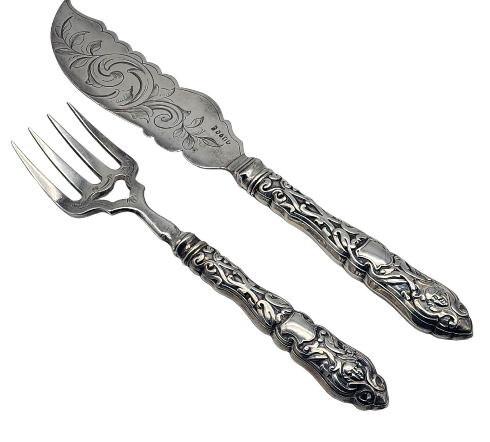 VINTAGE Sterling Silver Handled Fish Serving Fork & Knife Set NO MONOGRAM
