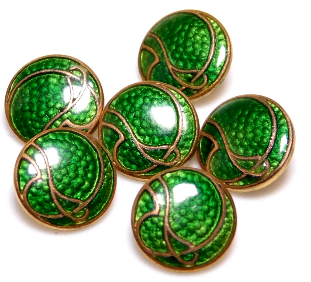 Six Antique 19th C. Basse Taille Enamel Buttons ~ Emerald Green in Copper