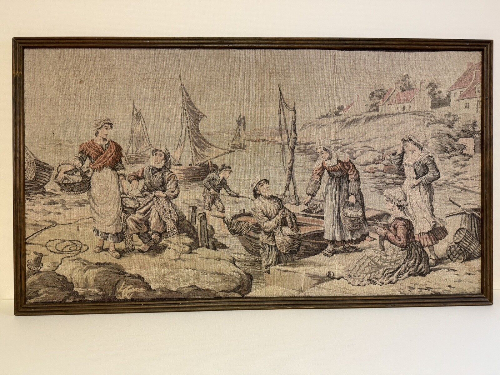 Vintage Belgian Wall Tapestry Featuring 18th Century European Fishing Village