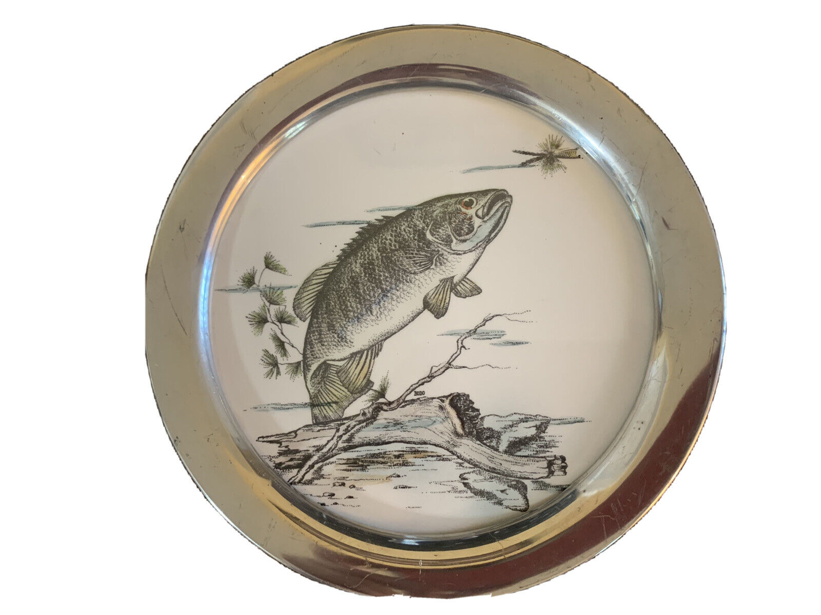 Reed and Barton Porcelain Handcolored Trout Tray Antique Silverplate Mid-Century