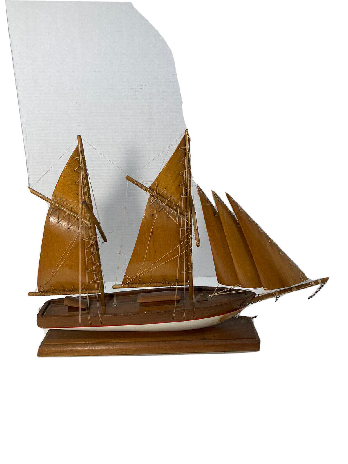 Vintage Wooden Fishing Schooner Model-Handmade-Wood Sails-20”x15”x3.5”
