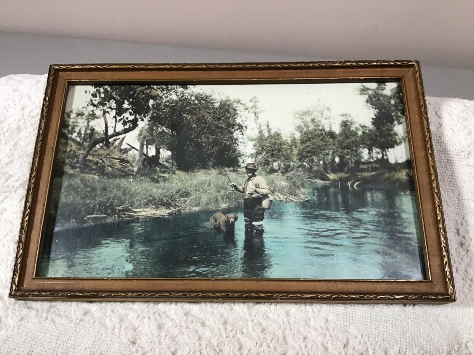 Vintage Original Picture Man and Dog Fishing River CA 20's Nice Frame