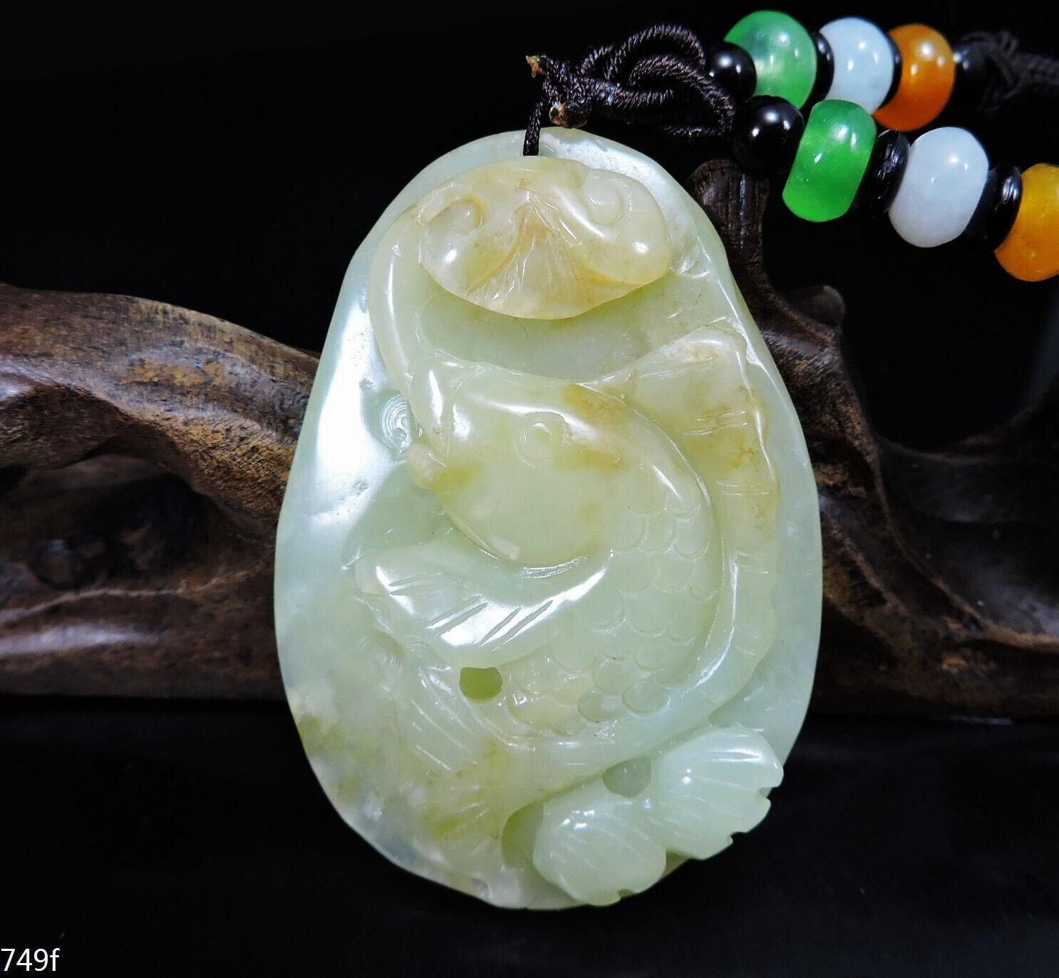 Certified Natural Hand-carved Hetian Jade Pendant Necklace fish&Ruyi 749f