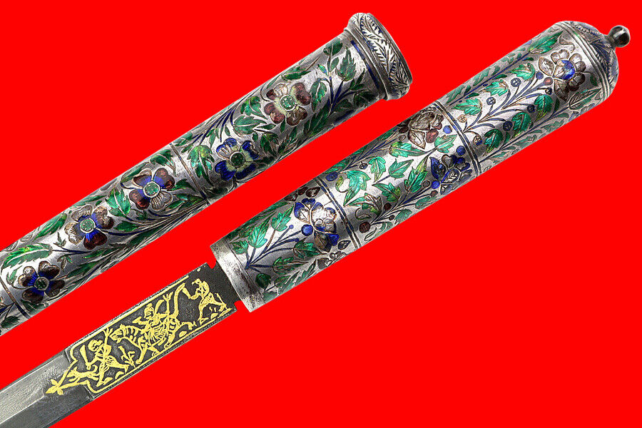 Unique 19th C. Lucknow Indian Assassin's Silver & Enamel Wootz Dagger (shamshir)