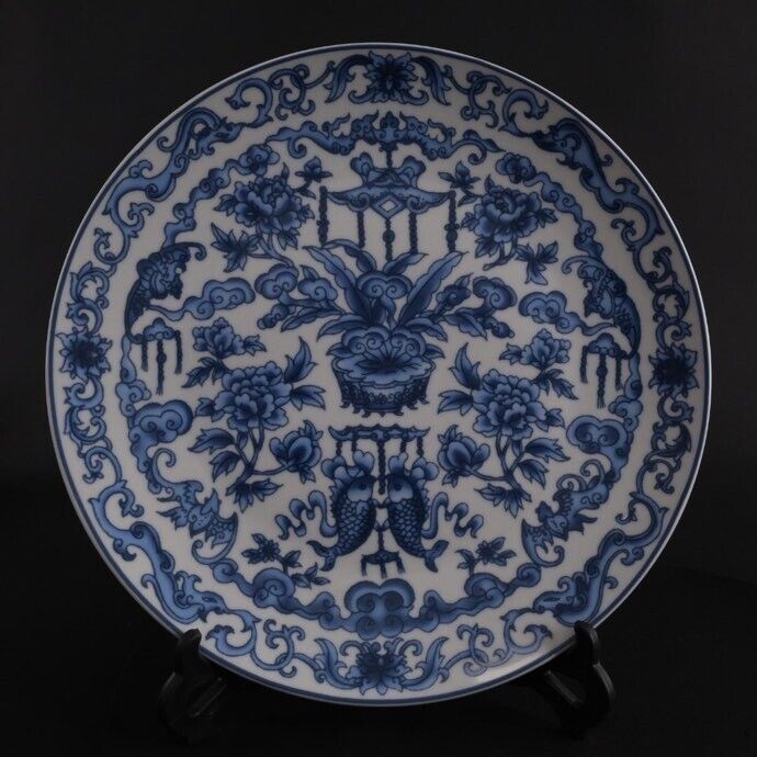 10.2'' Chinese Ancient Blue White Porcelain Fish Flower Pattern Plate Dish