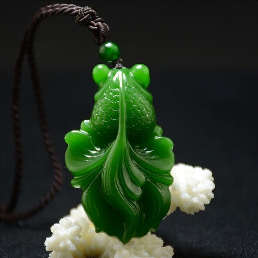 Natural Green jade fish pendant Necklace Amulet Lucky fish New