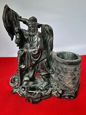Rare Antique Chinese Fisherman w/ Fish & Net, Brush Pot Carved Heavy Dark Wood  picture