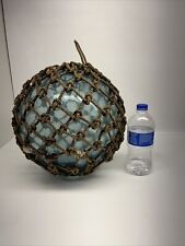 Japanese Large Glass Fishing Float Buoy Ball Roped Net Blue 11” W/ Coral Vintage picture