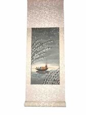 Vtg Japanese BIRD WATERCOLOR SNOW SEASCAPE BOAT PAINTING SIGNED Scroll Wall Art picture