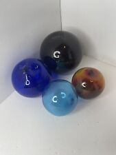 Lot of 4 Maritime Blown Glass Fishing Net Floats Blue, Brown, Amber, Lt Blue picture