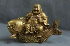 CHINA BRONZE YUAN BAO WEALTH HAPPY LAUGH MAITREYA BUDDHA RIDE FISH STATUE picture