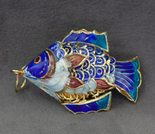 Vintage Enamel Cloisonne Articulated Fish Blue Large Koi Pendant Charm picture