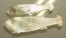 2 Antique Chinese Carved Gambling KOI FISH Chip Counter Mother-of-pearl Cir 1790 picture