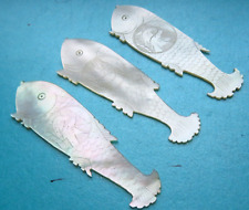 ANTIQUE 3 LARGE MOTHER OF PEARL FISH  SEWING THREAD WINDERS ,KISSING DOVES SCENE picture