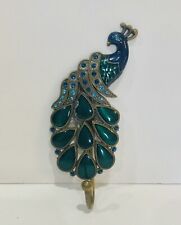 PEACOCK WALL ART PLAQUE~METAL HOOK~HANGER~JEWELED DECOR~BIRD~FEATHERS~TURQUOISE picture