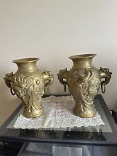 ANTIQUE PAIR OF CHINESE BRONZE VASES WITH RAISED DRAGONS 5 CLAWS & RAISED FISH. picture