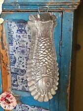 Antique Mold Tin Fish Detailed Lovely Patina Hook Hanger 12  1/2