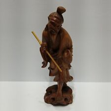 Fisherman Rosewood Statue China Fishing Pole Beautifully Hand Carved NM Vintage picture