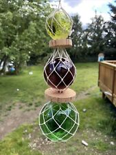 String Of 3 Fishing Boat Net Floats Glass Baubles Nautical Decor Green & Purple picture
