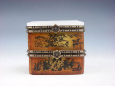Vintage Double Jewelry Box Birds Fish Overlay Nephrite Jade Lid Curly Dragon #D picture