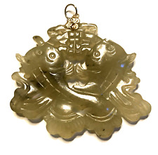 Vintage 50’s China Brown Green Jade Two Side Hand Carved 2 Koi Fish Pendant picture