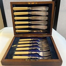 12 pieces GB EPNS Forks & Fish Knives Bakelite handles, etched picture