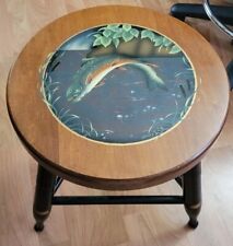 VINTAGE L Hitchock Round Stool with Painted Rainbow Trout Stencil Seat Chair picture