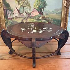 Antique Japanese Table Stand Inlaid Mother Of Pearl 13x13x6 Carved Flying Fish  picture
